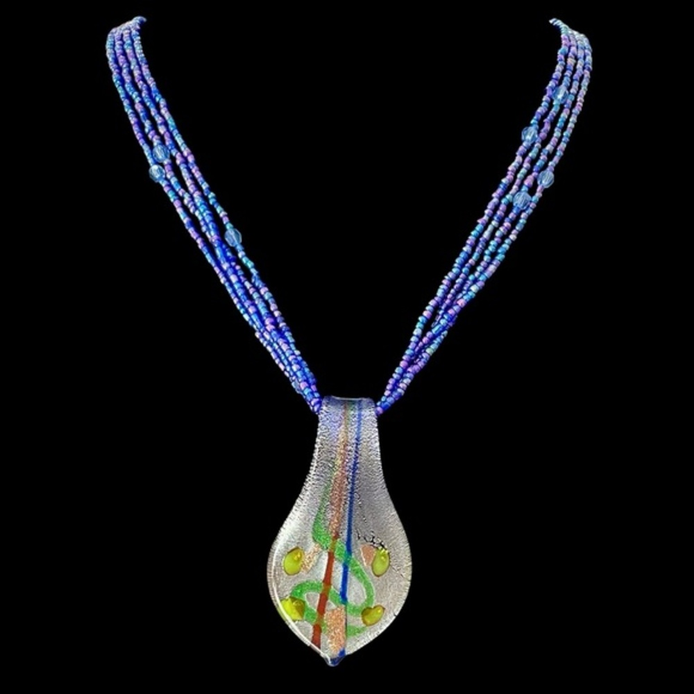 Handcrafted Blue Glass Pendant Necklace with Multicolor Accent